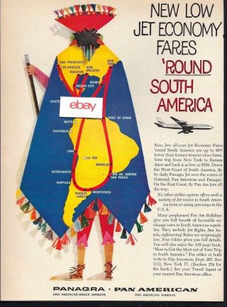 Panagra Pan American Low Dc - 8 Jet Fares Round South America Route Map Ad