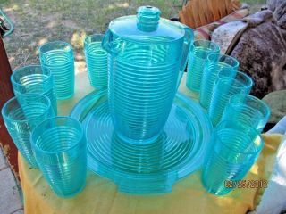 Vtg 1986 Majestic Turqouise Plastic Pitcher,  12 Tumblers,  Platter Beehive Ribbed