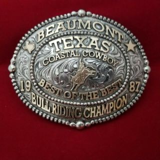 Rodeo Buckle Vintage 1987 Beaumont Texas Bull Riding Champ.  Signed Engraved 757