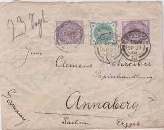1901 Qv Birmingham Cover With A Jubilee & Two X 1d Lilac Stamps Sent To Germany