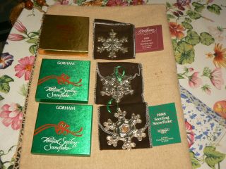 3 Gorham Sterling Christmas Snowflake Ornaments 1987 1988 2000 W/ Box & Bags (na