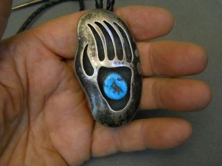 Turquoise Sterling Silver Bear Paw Print Claws Shadowbox Bolo Tie Signed R Bahe