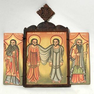 Ethiopian Coptic Christian Orthodox Wood Icon Triptych Painted Handmade African