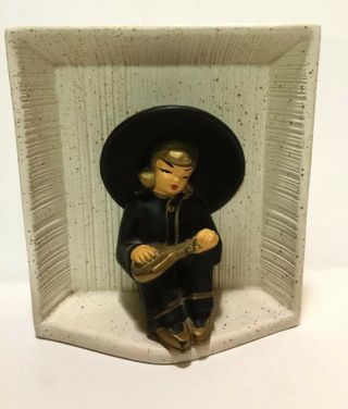 Mid Century Modern Chalkware Shadow Box With Asian Figure
