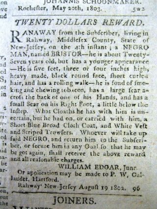 1803 Newspaper W Ad Offering A Reward For A Runaway Slave From Rahway Jersey