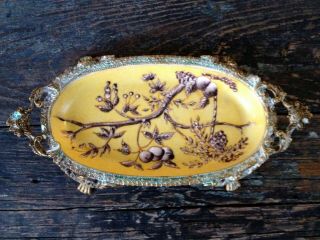 Antiqued Ormolu Gold Gilt Metal Filigree & Chinese Porcelain Vintage Soap Dish