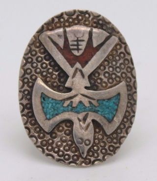 Zuni Navajo Peyote Bird Chip Inlay Coral Turquoise Pebble Stone Silver Ring Sz 5