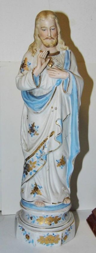 German Bisque Porcelain Holy Statue Sacred Heart Jesus Catholic Convent 27cm