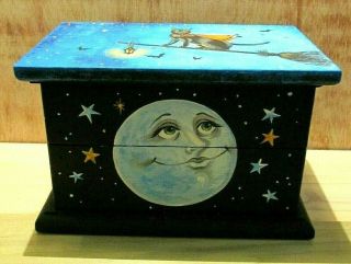 Ooak Hand Painted Ryta Halloween Witch Black Cat Trinket Box Wood Moon