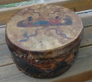 1800s Fantastic Dried Buffalo Hide Painted Parfleche Pueblo Indian Drum
