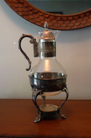 Vintage Silver Plated Glass Coffee Tea Pot Carafe W/candle Stand Warmer Holder