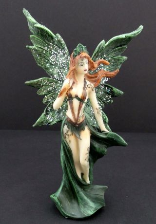 Spring Fairy Statue Red Hair Green Dress Glitter Wings Mythical Fairy Figurine