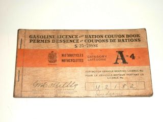 Rare 1944 Quebec Motorcycle Gasoline Licence,  Ration Coupon Book M - 2152