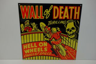 Wall Of Death Motorcycle Hell On Wheels Porcelain Sign Circus Indian Skull Bike