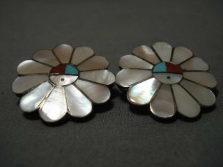 Incredibly Intricate Vintage Zuni Turquoise Sterling Silver Earrings Old