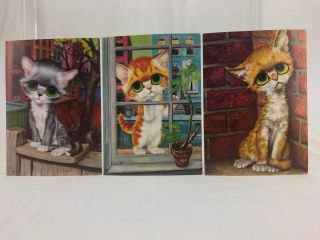 3 GIG Pity Kitty Vintage 1960s Big Eyes Litho Print Cards 4.  5 