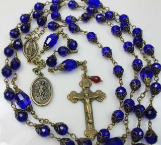 St.  Michael Dark Sapphire Royal Blue Czech Glass Crystal Antique Bronze Rosary