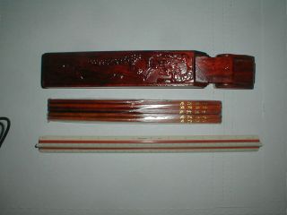 Vtg Chinese Chopsticks Lacquered Wood Storage Box Dragon Art Utensils