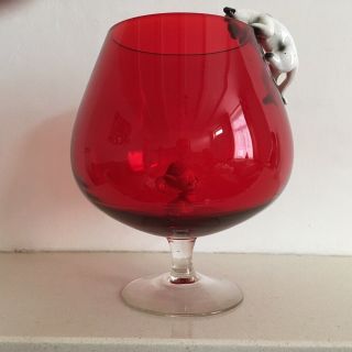 Vintage 1960’s Cat And Mouse Brandy Glass In Red And Clear Hand Blown Glass.