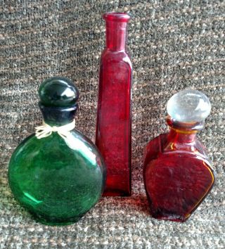 3 Vintage Decorative Red & Green Glass Perfume Bottles