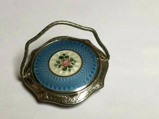 Vintage Blue Gullioche Silver Tone Compact With Handle