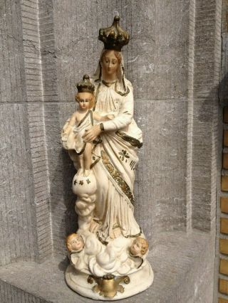 Antique Plaster Our Lady Of Victoire Child Jesus Angels Altar Figure Statue