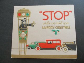 Antique Cars Traffic Signal Policeman Vintage Art Deco Christmas Greeting Card