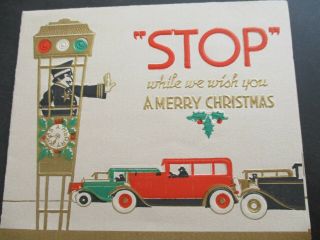 ANTIQUE CARS TRAFFIC SIGNAL POLICEMAN VINTAGE ART DECO CHRISTMAS GREETING CARD 2