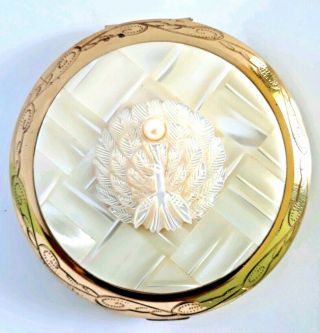 Vintage Etched Gold Powder Compact With Hand Carved Mother Of Pearl Bird & Pearl