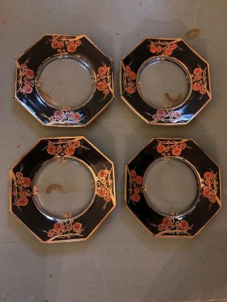 Set 4 Vintage Hand Painted Chinoiserie Blossoms Glass Plates