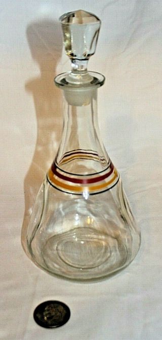 Vintage Retro Mid Century Modern Striped Glass Decanter W/ Wine Stopper 11.  5 " Ex