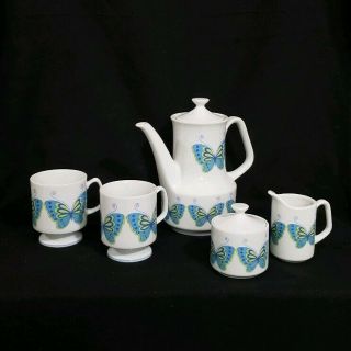 Mid Century Porcelain Coffee Tea Set With Blue And Green Butterflies