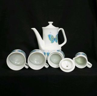 Mid century Porcelain Coffee Tea Set With Blue and Green Butterflies 2