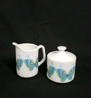 Mid century Porcelain Coffee Tea Set With Blue and Green Butterflies 6