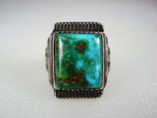 Early Navajo Sterling Silver & Squared Blue Gem Turquoise Ring Sz 8.  5