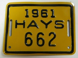 Vintage 1961 Hays,  Kansas Bicycle License Plate Bike Metal 1960 
