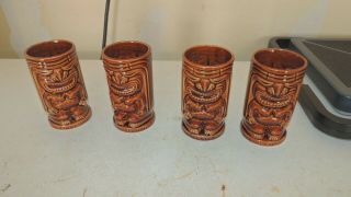 Set Of 4 Vintage Hawaiian Tiki Leilani Brown Glazed Tiki Bar Mugs Cups Glasses