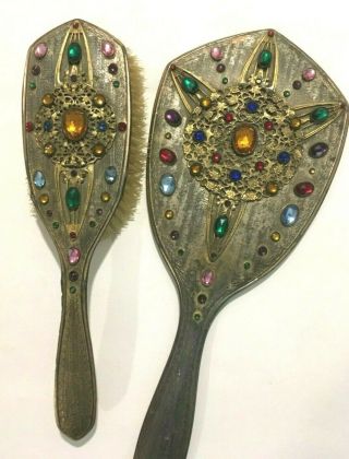 Antique Jeweled Filigree Ormolu Vanity Set Hand Mirror And Brush & Comb Cover