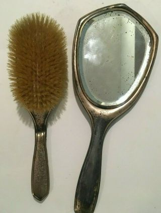 Antique Jeweled Filigree Ormolu Vanity Set Hand Mirror and Brush & comb cover 2