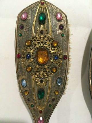 Antique Jeweled Filigree Ormolu Vanity Set Hand Mirror and Brush & comb cover 3