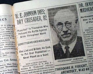 Pussyfoot Johnson William E.  Prohibition Anti Alcohol Head Death 1933 Newspaper