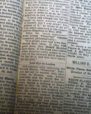 PUSSYFOOT JOHNSON William E.  Prohibition Anti Alcohol Head DEATH 1933 Newspaper 3