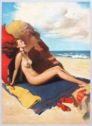 Vintage Gil Elvgren 1940s Large Nude Sun Bath Art Deco Lovely Pin - Up Print Fine,
