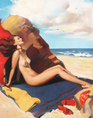 Vintage Gil Elvgren 1940s Large Nude Sun Bath Art Deco Lovely Pin - Up Print Fine, 2