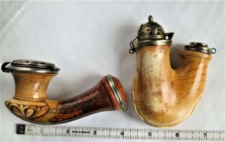 2 Antique Meerschaum Bowl Pipes 19th C / Silver Mounted.  Very Fine
