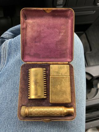 Vtg 1920s Gillette Old Vintage Gold Safety Razor Case Set Blade Box 1928