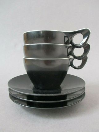 X3 Vintage Retro Melaware Melamine Black & White Cups and Saucers C.  1960 ' s 2