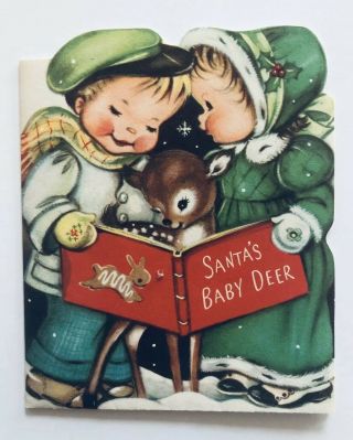 Vintage Norcross Christmas Card Boy Girl Dress Baby Deer Book Bunny Snow