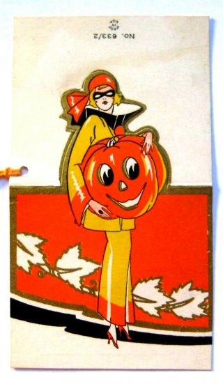 Art Deco Halloween Tally Card Costumed Beauty holding Jack O ' Lantern ex cd USA 3
