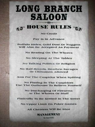 Old West Saloon Long Branch House Rules Poster 18 " X30 " (069)